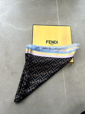 FENDI Silk Scarf 70cm Brown Logo Mark Yellow, Blue, Pink Shawl