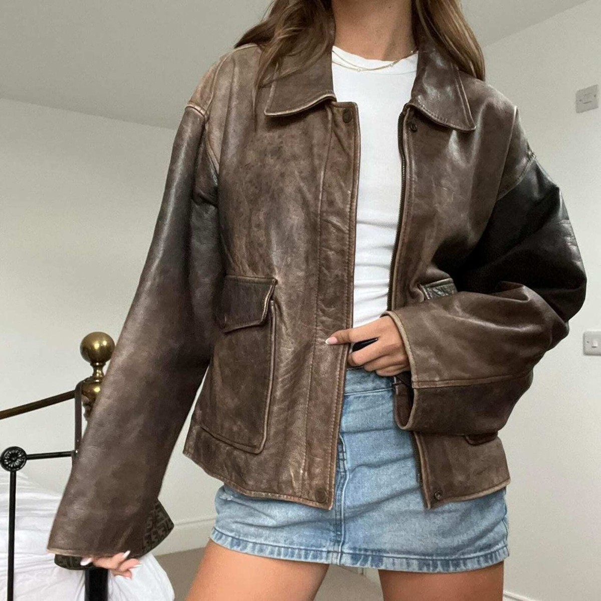 80s Oversize A2 Military Vintage Style Distressed Brown Real
