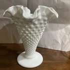 Vintage FENTON Hand Made Hobnail Style Milk Glass 7 3/4" Vase Ruffled Top
