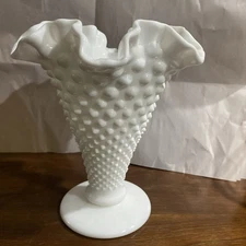 Vintage FENTON Hand Made Hobnail Style Milk Glass 7 3/4" Vase Ruffled Top