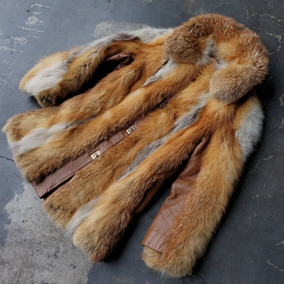 Abrigo de piel de zorro rojo vintage de los años 70 y ribete de cuero personalizado peletero talla de trabajo S/M Foto 3 de 4