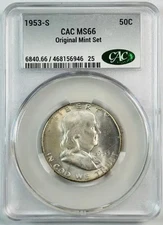 1953 S Franklin Half Dollar CACG MS 66 CAC Original Mint Set