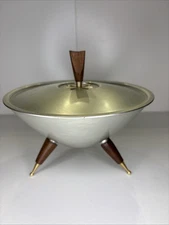 Vintage MIRRO Medallion Atomic Starburst Candy Dish Walnut Legs & Lid MCM USA