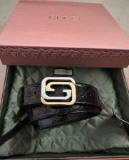 New $2250 Gucci Men Gucci Caiman Crocodile belt GG Buckle Black 80/32 715604