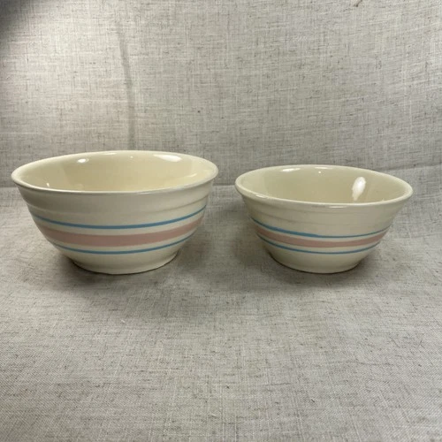 Lot of 2 VTG McCoy Pottery Pink Blue Striped Oven Proof Mixing Bowls USA Holiday