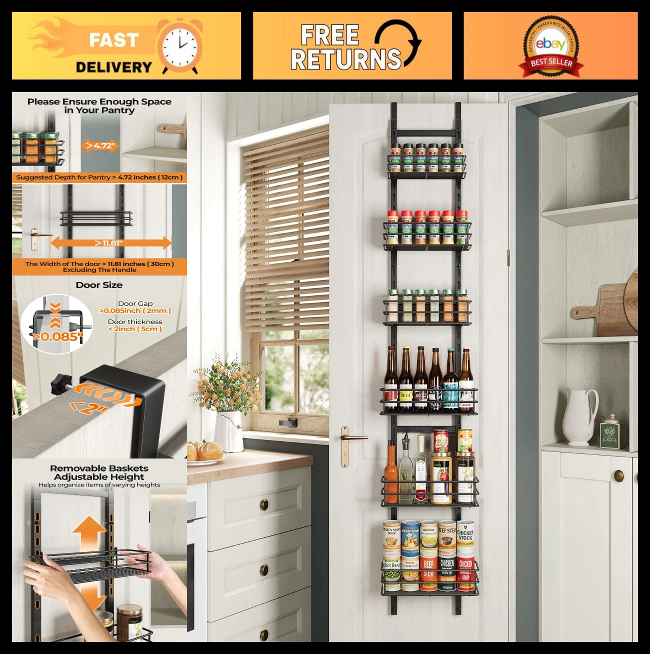 6-Tier Over Door Pantry Organizer - Kitchen Cabinet Storage, Spice Rack, Hanging