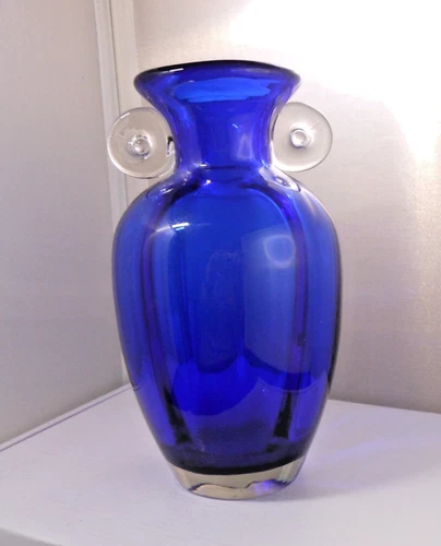 Blenko Style Cobalt Blue Applied Handles Glass Vase 7.5" High