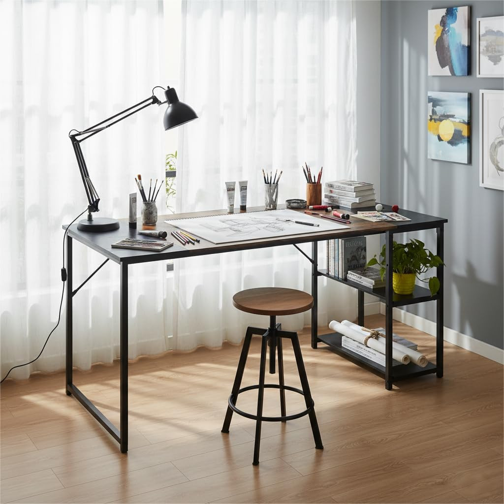 Tavolo Da Disegno Industriale 120 Cm, Piano Bicolore Retrò Marrone E Nero, 2 Rip