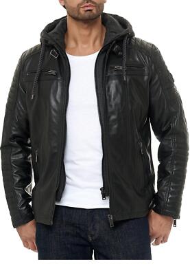 Redbridge Herren Lederjacke Echt-Leder Bikerjacke mit Sweat- Kapuze Two in  One