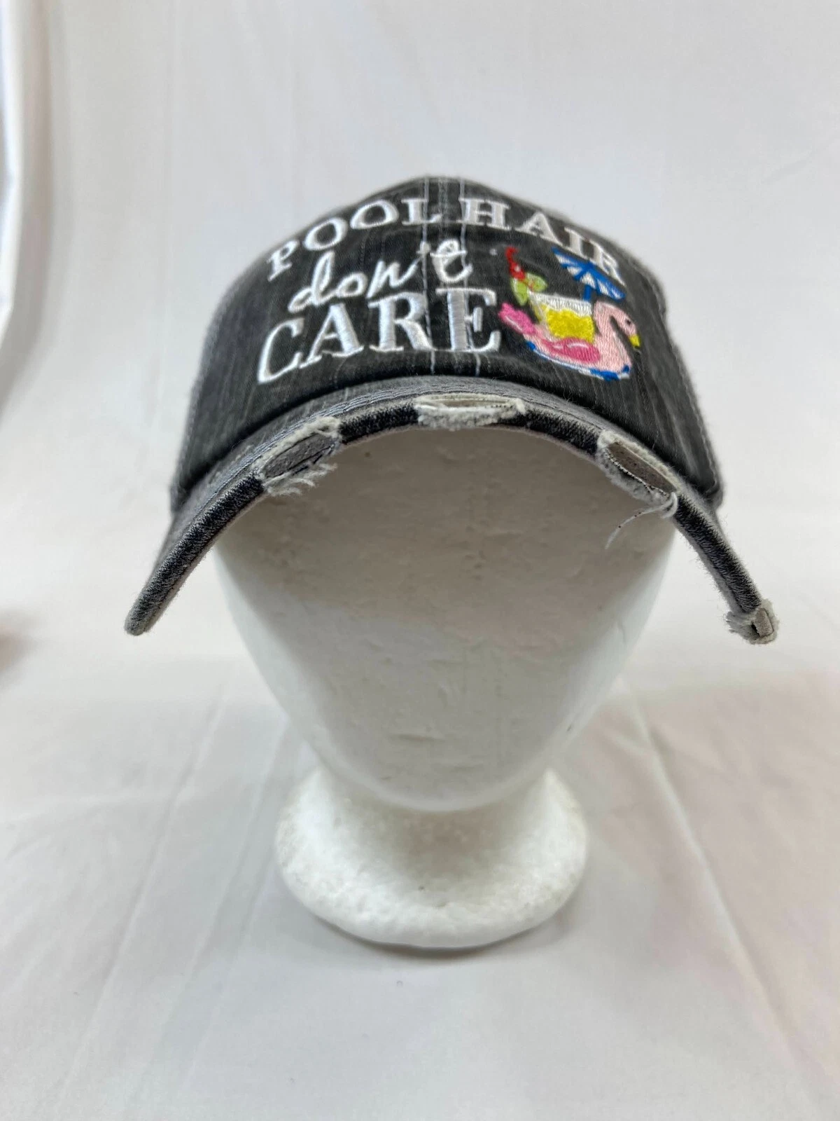 Pool Hair Dont Care Baseball Cap Strapback Hat Katydid Mesh Back Distressed Gray