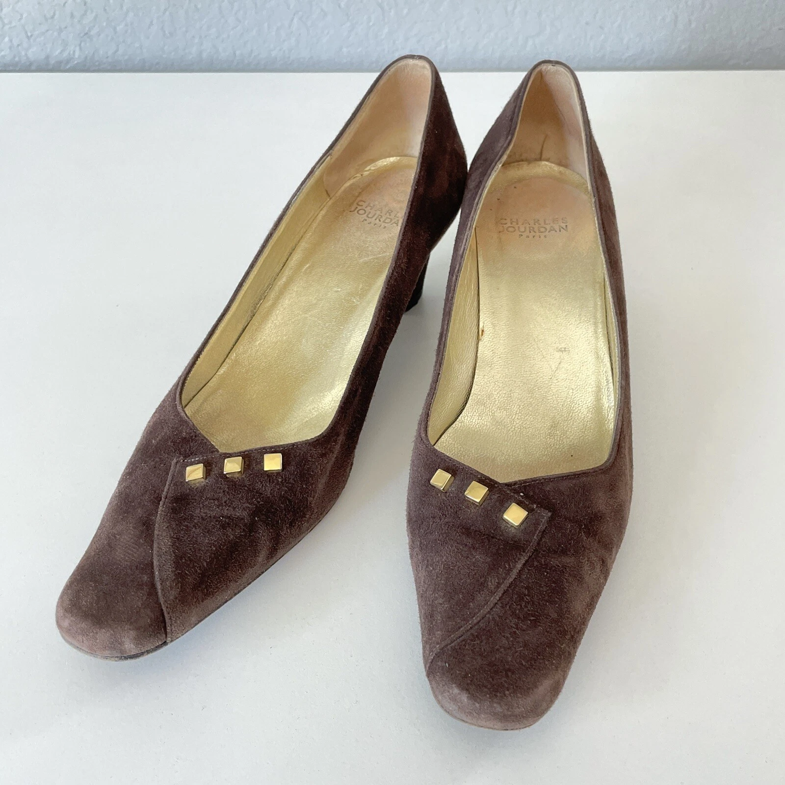 JORDAN Scarpe da donna Charles Jourdan in camoscio marrone con tacco a pompa misura 9 M tacco: 2"