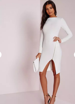 long sleeve zip detail midi dress white 