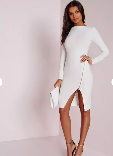 long sleeve zip detail midi dress white 