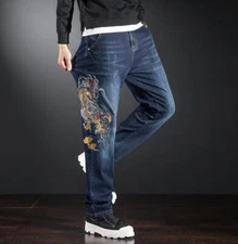 W 28-44 Men's Dark Blue Denim Stretch Jeans Dragon Embroidery Straight Leg Pants