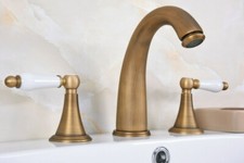 Antique Brass Bathroom Sink Faucet Widespread 3 Holes Deck Mounted Mixer Tap