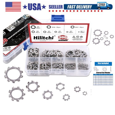 #ad 300 Pcs 8 Size 304 Stainless Steel External Tooth Star Lock Washers Assortm... $19.78