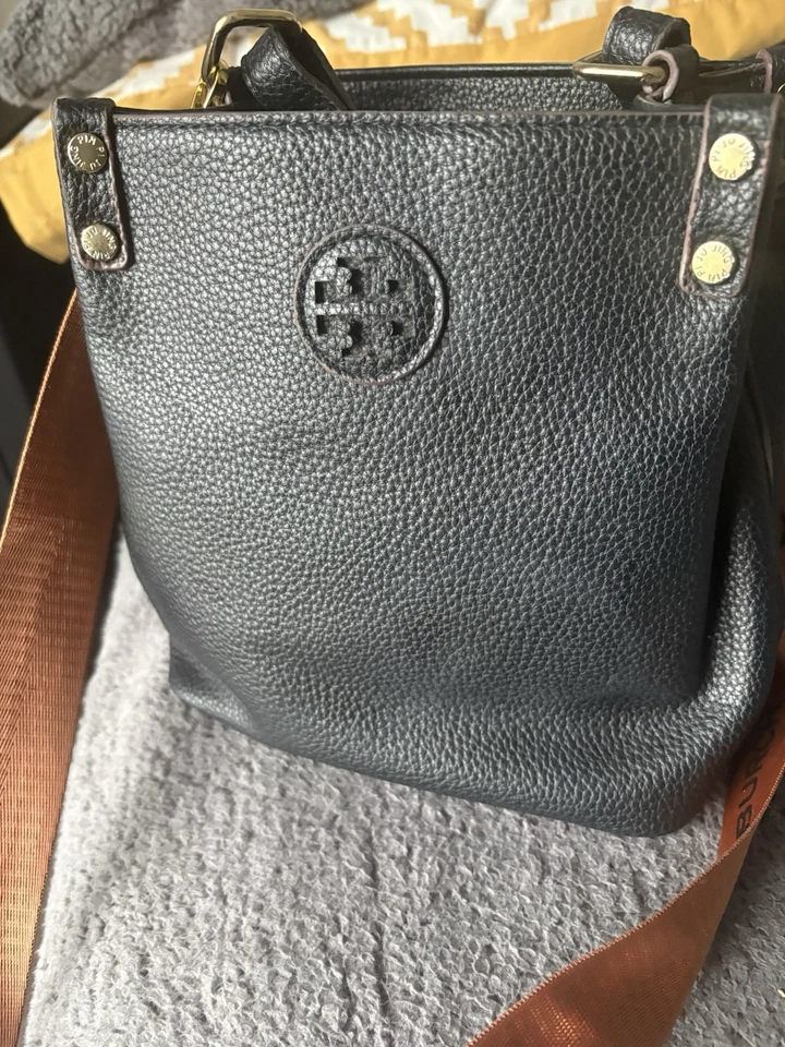 Tory Burch Black Pebbled Leather Crossbody Bag Logo Canvas Strap Gold Hardware - Image 1 of 4