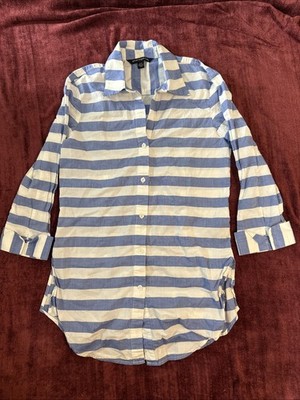 Sharagano Women Blue And White Striped 3/4 Sleeve Button-Down Shirt S N2