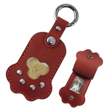 Pet Memorial Keychain, Leather Paw Shape Fur  Photo Holder, Handmade Red