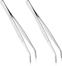 2 PCS 8 Inch Stainless Steel Tweezers with Curved Serrated Tip Kitchen Long Twee