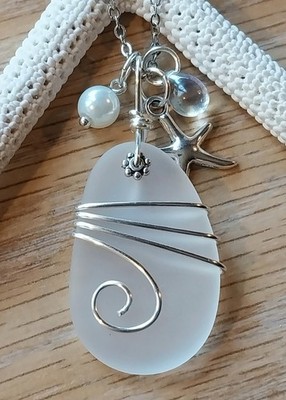 Sea Glass Necklace Jewelry w White Frosted Pendant Silver Wire Wrapped Handcrftd
