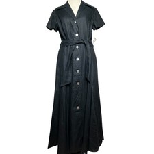 Talbots NWT Deadstock Lined Linen Button Front Dk Gray V Neck Maxi Dress Tie 12