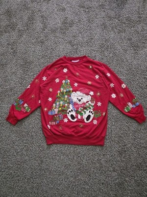 Vintage Big Bear Ugly Christmas Red Sweatshirt Womens Size M/L USA 