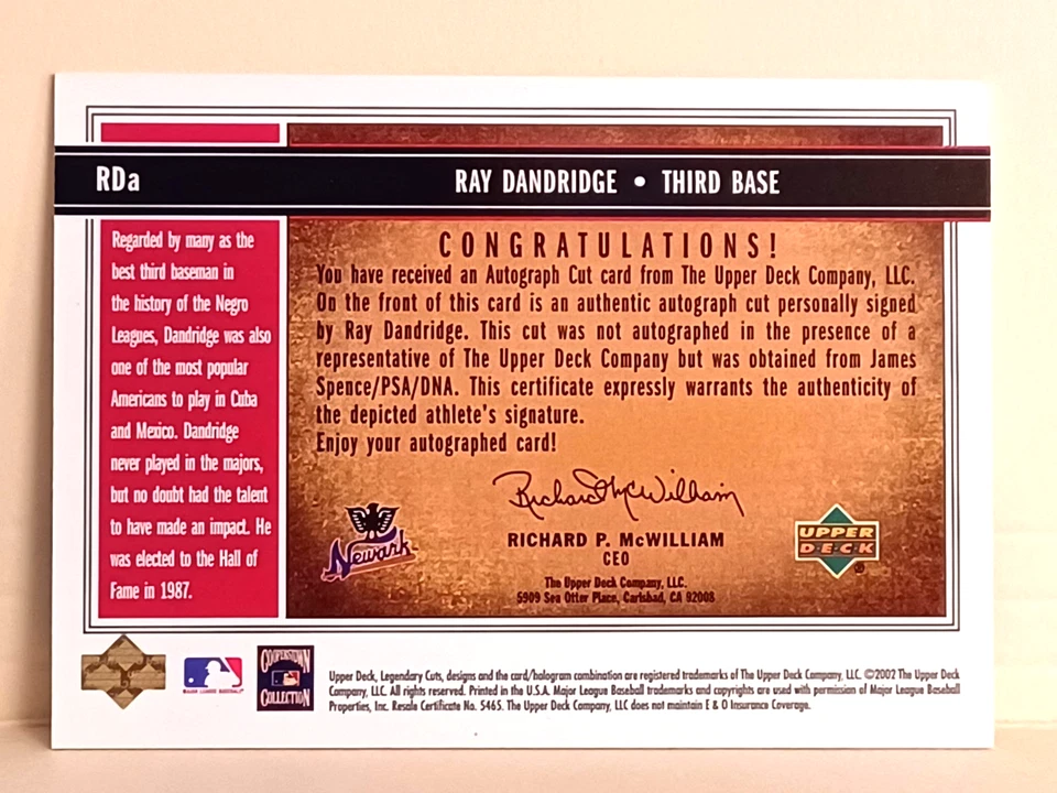 2002 SP LEGENDARY CUTS RAY DANDRIDGE AUTOGRAPH RDA 161/179 NEGRO LEAGUE GREAT! - Image 2 of 2