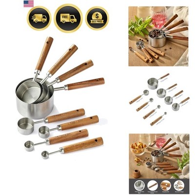 8PCS Stainless Steel Measuring Cups & Spoons Set with Ergonomic Wooden Handles