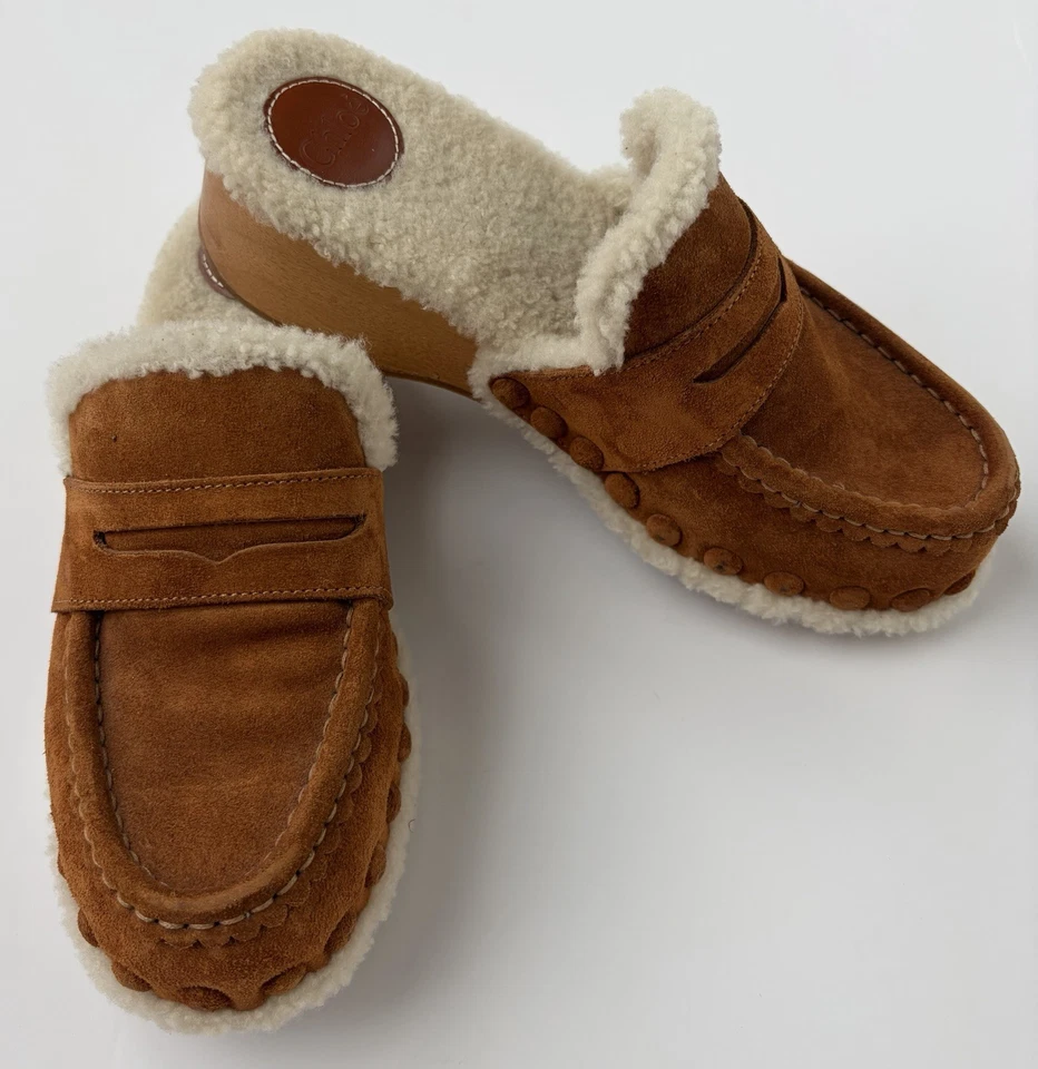 Chloe 女式 Joy Shearling 内衬栗色棕色麂皮绒穆勒鞋 7 码 US 37 EU — 第 3/4 张图片