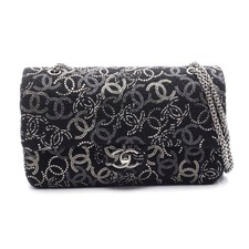 Chanel Wool Rhinestone Flap Shoulder Bag Women Black One Size