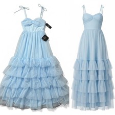 Lulus Cinderella Princess Light Blue Mesh Tiered Tie-Strap Maxi Prom Dress M NEW