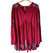 Free People Women's XS Te Amo Embroidered Peasant Dress Tunic Bell Sleeves Red