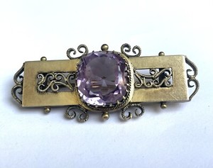 Grande Broche Vintage Argent Noirci Avec Cristaux - Améthyste, Topaze, Saphir - Bijou Occasion N°5601