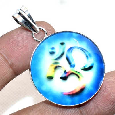 Dichroic Glass Round Shape ''OM'' Gemstone Handmade Jewelry Pendant 1.8'' PG 25