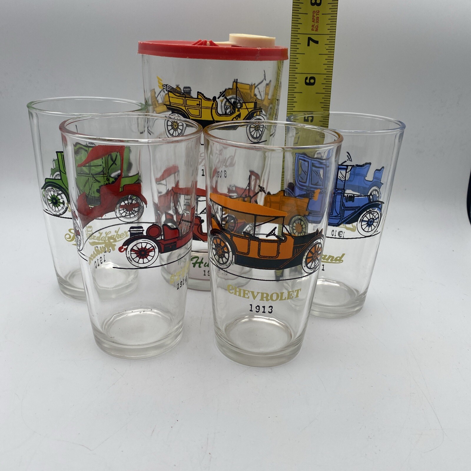 Vintage Auto Art Cocktail Shaker with 4 Tumbler Glasses, Hazel Atlas
