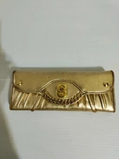 Juicy Couture y2k Wallet Clutch Billfold Gold Leather Turn Lock Chain Detail
