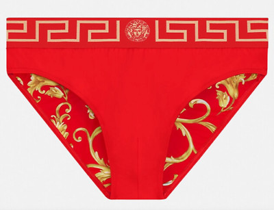 NWT Versace Greca Border Medusa Red Barocco Swim Briefs Bathing Suit Sz 6 L $395