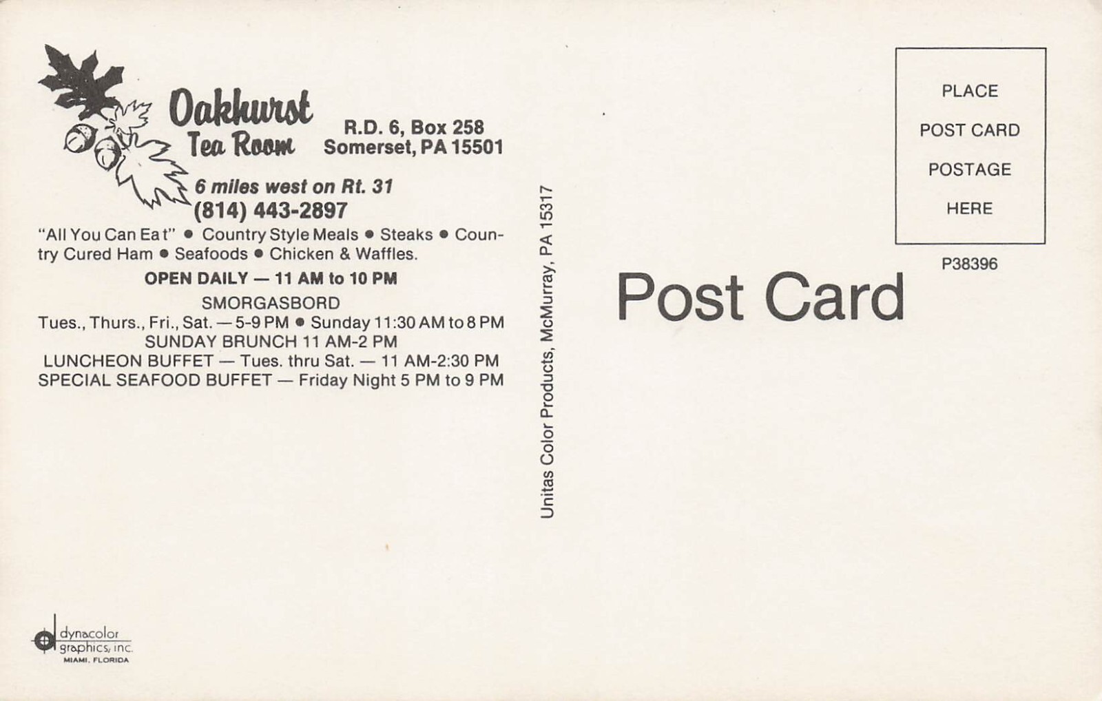 Somerset PA Oakhurst Tea Room Restaurant Interior Grille Vtg Postcard H34