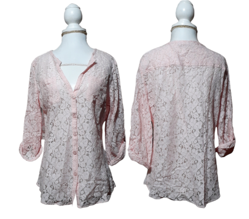 New York & Company Women's Lace Roll Sleeve Button Down Shirt Top Small
