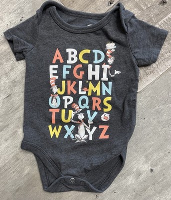 Dr. Seuss Alphabet Cat In Hat Gray Bodysuit with Snaps Baby 0-3 Month Boy Girl