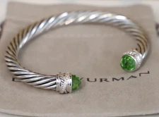David Yurman Sterling Silver 7mm Cable Bracelet Peridot & Diamonds size Medium