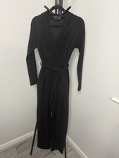 ASOS Black Tailored Jumpsuit Wide Leg Belted Long Sleeve UK 8