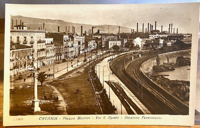 Vtg RPPC Piazza Martiri CATANIA Sicily Italy Smokestacks Chimeys Train Diena