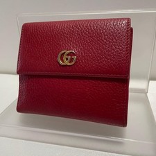 GUCCI GG Marmont Red Leather Tri Fold Wallet Women Compact Double G Logo