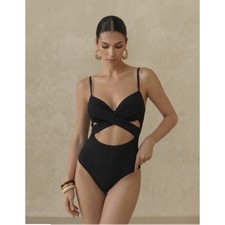 New Black Ribbed Criss Cross Push Up One Piece Swimsuit Cut Out Size Medium