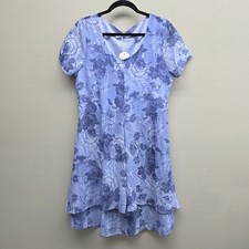 Floral Dress Womens Large Blue Short Sleeve Scoop Neck A-Line Lined Side Zip