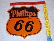 VINTAGE PHILLIPS 66 GASOLINE 11 3/4" ORANGE SHIELD PORCELAIN METAL GAS OIL SIGN!