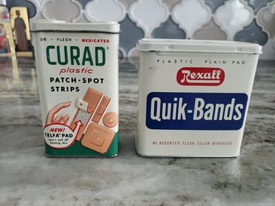 Vintage Rexall Quik Bands Metal Tin & Curad Plastic Patch Spot Strips Containers
