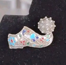 Vintage Tsaroohia (Greek Soldier's Shoe) Guilloche Enamel 800 Silver Brooch C-cl